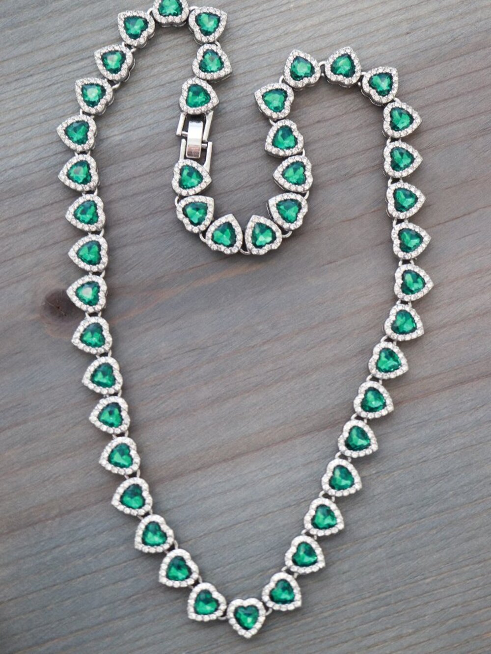 Green Heart Halo Diamond Chain Tennis Necklace Silver Plated with Rhinestones